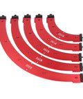 Professional Grade Top Shelf Aluminum Corner Jig Template Set For Quick Router Radius Trimming And Sharp Woodworking Cabinet Edges With Five Essential Sizes Inside, showing red aluminum radius jigs R100 to R300.