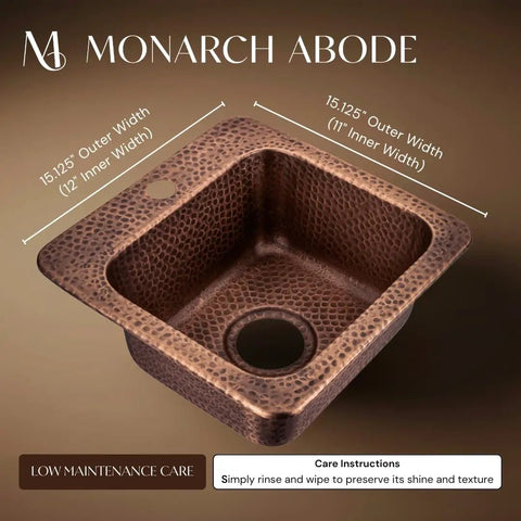 15-Inch Baxter Drop-In Pure Copper Bar Sink With Hand-Hammered Finish, Single Bowl, top angle view