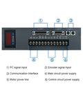 Amazon AC servo motor drive panel with two DB-25 connectors and a six-terminal block labeled PC input, encoder input, power.