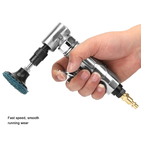 Tough As Nails 90 Degree Pneumatic Die Grinder Cranked Up To 20000 RPM held in hand with grinding disc attached for precise tasks.