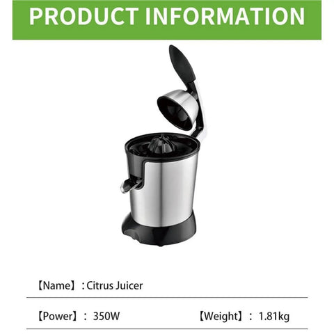 350W Electric Citrus Juicer With Stainless Steel Durable Construction And Two-Way Press Mechanism For Maximum Juice Extraction Efficiency Fine Filter Included.