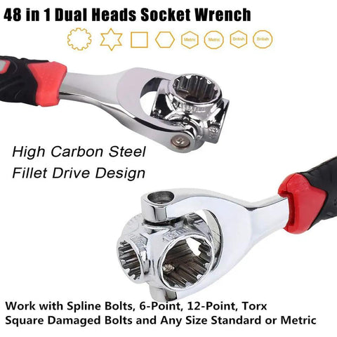 48 in 1 dual heads socket wrench, high carbon steel, red and black handle, suitable for standard and metric sizes.