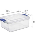 Four Pack 15 Quart Storage Bins With Hella Sturdy Snap Tops And Crystal Clear Lids Stackable Plastic Totes for closet organization.