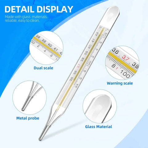 Glass Oral Thermometer 2 Pack For Adults And Kids, Fast Reading Fever Indicator, Dual Fahrenheit And Celsius Scales, Armpit Or Oral Use, Easy To Clean Glass Thermometers For Home Health, glass thermometer detail with metal probe and dual scale