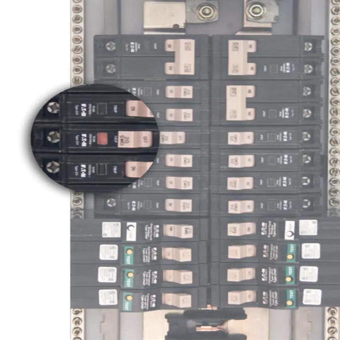 Close-up of 15 Amp CH Type GFCI Single Pole Ground Fault Circuit Breaker for 120/240V systems in a residential panel setup.