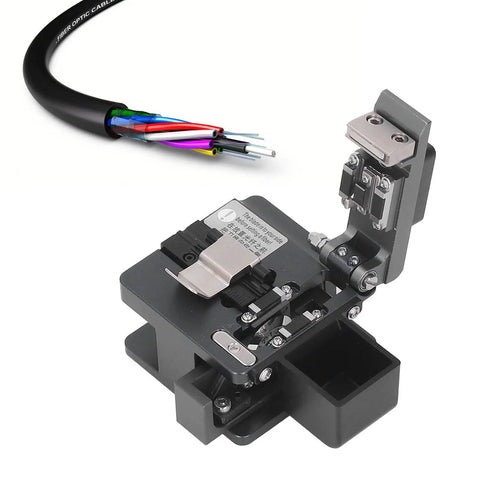 Pro Optical Fiber Cleaver With Tungsten Steel Blade For Precise 90 Degree Cuts And Minimal Signal Loss next to fiber optic cable.