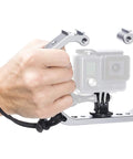 Hand holding the Underwater GoPro Rig with Cold Shoe Mounts and Wrist Strap for HERO3 to HERO8 and Osmo Action, beefy aluminum tray