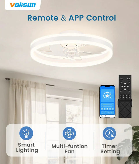 Compact 20in Bladeless Ceiling Fan With Dimmable Led Light And Wifi App Control Low Profile Flush Mount bedroom upgrade showcasing smart remote and app features.