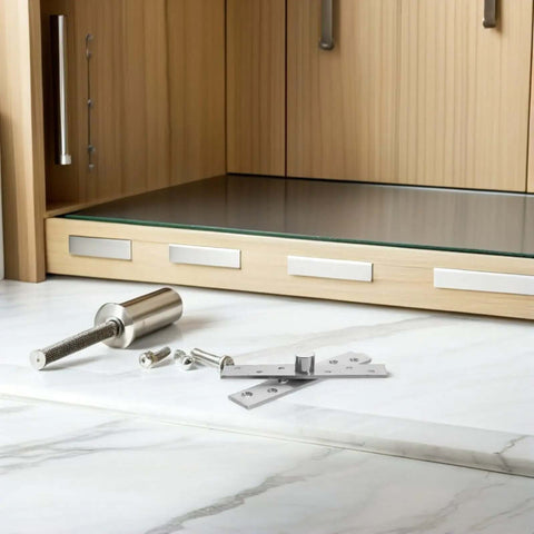 Six Pack 360 Degree Pivot Door Hinges Concealed Heavy Duty Stainless Steel Hidden Cabinet Hardware displayed on marble surface