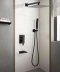 Shower Faucet Set, Matte Black 10-Inch Rain Head with Handheld and Valve mounted in modern shower with towels.