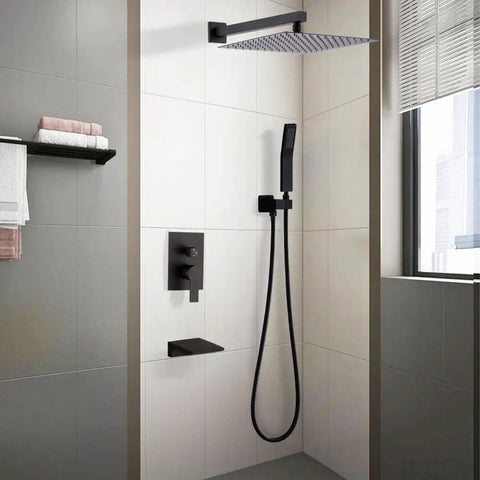 Shower Faucet Set, Matte Black 10-Inch Rain Head with Handheld and Valve mounted in modern shower with towels.