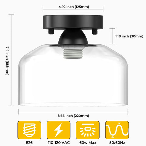 Solid Fit Clear Glass Semi Flush Mount Ceiling Light With Heavy Duty Metal Frame And Matte Black Finish Built To Last Great For Hallway Kitchen Or Bedroom Modern Farmhouse Decor That Really Sets The Vibe Bulbs Not Included, displaying dimensions and details.