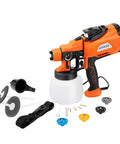 Powerful 800W HVLP Electric Paint Sprayer with LED Light, 1200ml Cup, four copper nozzles, and accessories on white background
