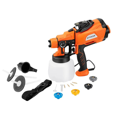Powerful 800W HVLP Electric Paint Sprayer with LED Light, 1200ml Cup, four copper nozzles, and accessories on white background
