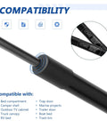 Two Pack 15 Inch Gas Struts Lift Supports 67 Lb 300 N, close-up showing compatibility icons and uses for RV beds and more.