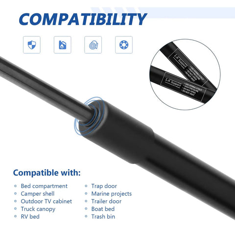 Two Pack 15 Inch Gas Struts Lift Supports 67 Lb 300 N, close-up showing compatibility icons and uses for RV beds and more.