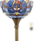 Blue Purple Cloud Tiffany Style Floor Lamp, 71 Inch Tall Torchiere with 12x12 blue-purple stained glass shade, antique bronze base