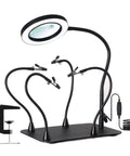 Dual 5X And 10X Magnifying Desk Lamp With Light, Flexible Magnetic Helping Hand, Large Clamp Base, USB power and adjustable arm.