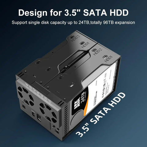Plug And Play Heavy Lifter Four Bay Sata Storage Enclosure For 2.5 And 3.5 Inch Drives With Chill Operating Fan, Usb C 3.1 Ports, Seven Quick Swap Raid Modes, And Rock Solid 96 Terabyte Bulk Capacity For Your Tech Rig, showing 3.5" SATA HDD design with 24TB capacity.