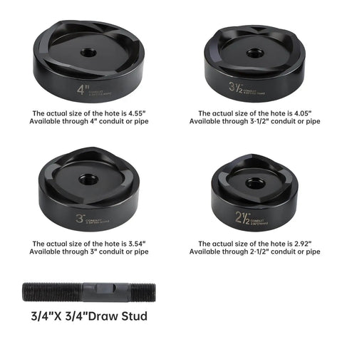 Dude, this 120KN Aluminum Alloy Hydraulic Knockout Hole Punch Driver Kit punch dies in sizes from 2.5" to 4" with a draw stud.