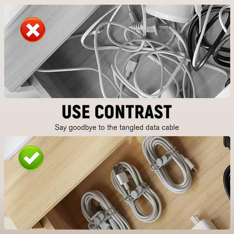 Comparison of messy cables vs. organized setup using Dope Silicone Cable Organizer Set For Bundling And Fastening Wires And Headphones