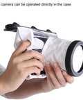Hands adjusting Underwater DSLR Camera Housing Case 20M Full Sealed Dive Ready Bag Anti Shock Dry Pouch in use
