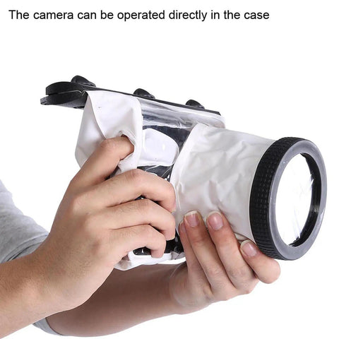 Hands adjusting Underwater DSLR Camera Housing Case 20M Full Sealed Dive Ready Bag Anti Shock Dry Pouch in use