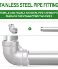 Stainless steel pipe fittings with 90 degree elbow, featuring dual 4-inch female NPT threads for plumbing and HVAC systems.