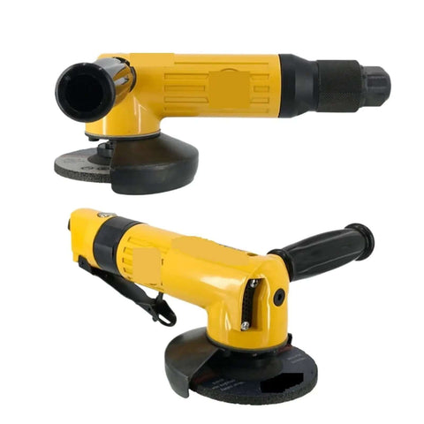 Kickass 4 Inch Pneumatic Angle Grinder Heavy Duty Air Powered Cutting Tool shown from two angles with grinding wheel attached.