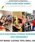 Portable Cloth Closet Wardrobe With Hanging Rod And Shelf shown in a cluttered room, providing storage for clothes and accessories.