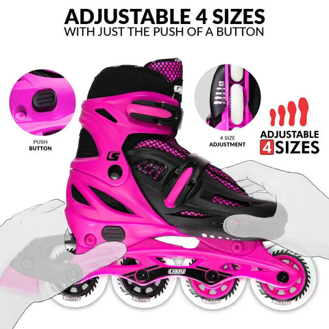 Close-up of Adjustable Inline Skates For Kids With Four Size Expansion, showing push-button detail and urethane wheels.