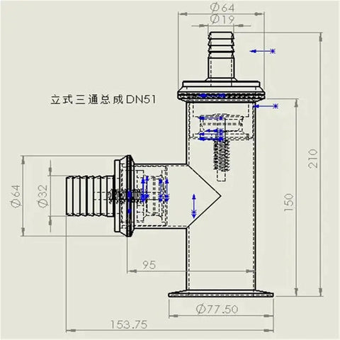Three Way Check Valve Assembly Inlet And Outlet Shut Off For Liquid Filling Machine Boss Level Industrial Grade Durable Valve Kit With Easy Install And Reliable Flow Control For Food Beverage Cosmetic Or Chemical Lines technical drawing with DN51 dimensions