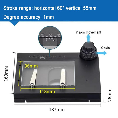 Manual Gliding Stage For Microscopes With XY Travel, Pro Grade Slide Table, 60mm Horizontal, 55mm Vertical, Image Showing Dimensions