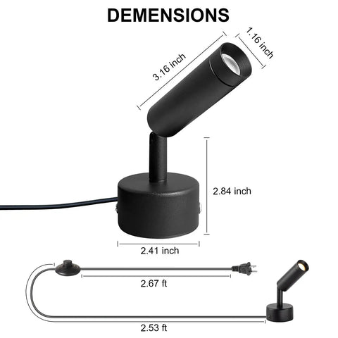 Diagram of 2 Pack Mini LED Indoor Spot Lights With 3W Warm White 3000K Uplights Plug In Floor Accent Lighting dimensions.