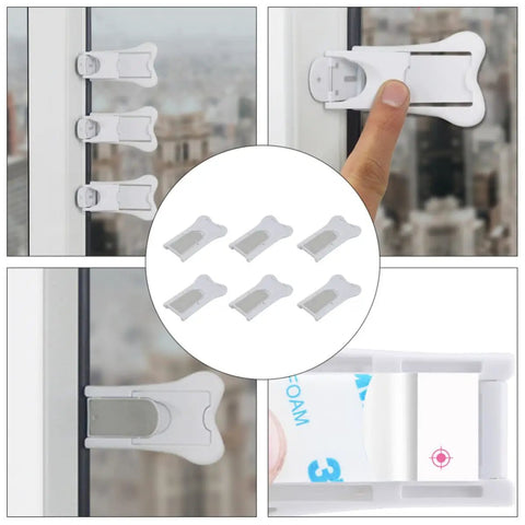 Six Pack Childproof Sliding Door Locks With Adhesive Mounting for cabinets windows and doors showing installation and secured lock.