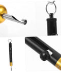KICHOUSE stainless steel detacher tool with keyring; close-up tip, knurled grip side view, and rod-mounted setup.