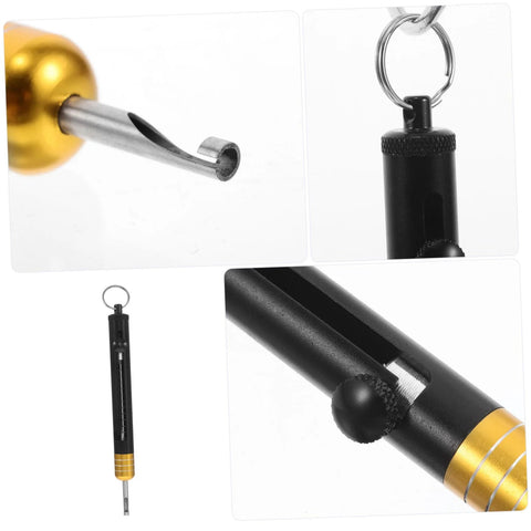 KICHOUSE stainless steel detacher tool with keyring; close-up tip, knurled grip side view, and rod-mounted setup.