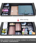 Smooth Operator Under Desk Slide Out Drawer With Split Adjustable Dividers For Pencil And Desk Gear Built For Sit Stand Tables Hassle Free Install Always Tidy Space, showcasing adjustable compartments with organized supplies.