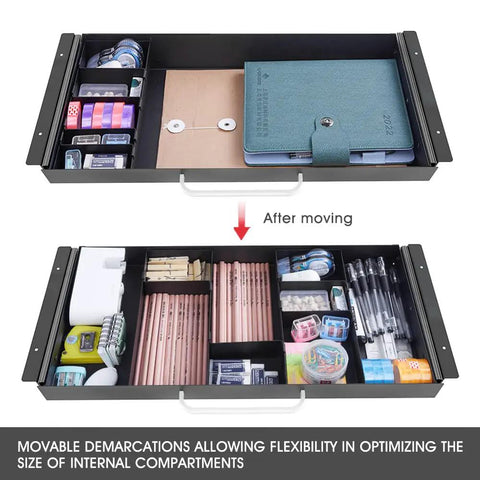 Smooth Operator Under Desk Slide Out Drawer With Split Adjustable Dividers For Pencil And Desk Gear Built For Sit Stand Tables Hassle Free Install Always Tidy Space, showcasing adjustable compartments with organized supplies.