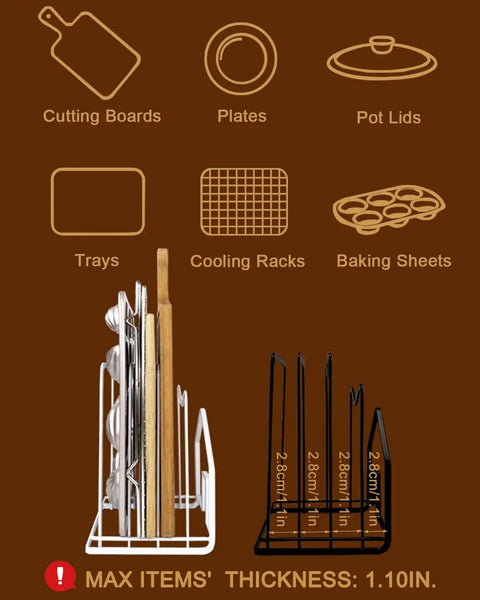Compact Cutting Board Rack Organizer For Kitchen Countertop And Lids Flat Steel Stand with dividers holding various items.