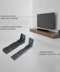 Hidden Steel Shelf Brackets For Wall Mounted Desks And Shelves With Matte Black Finish Concealed Support Hardware For A Dope Floating Look Cold Rolled Steel Construction Heavy Duty Wall Mount Brackets One Piece showcasing low-profile matte black brackets, invisible design, and heavy-duty cold rolled steel for seamless floating look.