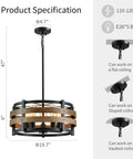 5 Light Metal Drum Chandelier With Wood Grain Shade, 9" H x 19.7" W, E26 Base, shown with adjustable height and ceiling options
