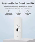 Smart WiFi Hygrometer Thermometer 4 Pack For Home Temperature And Humidity Monitoring With Tuya App No Hub Needed Real Time Alerts Remote Monitoring Indoor Temperature Humidity Graphs History Records Alexa Compatible white sensor shown front view