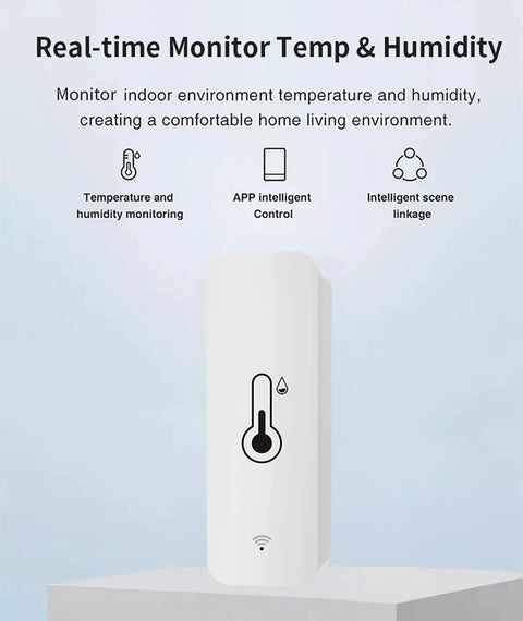 Smart WiFi Hygrometer Thermometer 4 Pack For Home Temperature And Humidity Monitoring With Tuya App No Hub Needed Real Time Alerts Remote Monitoring Indoor Temperature Humidity Graphs History Records Alexa Compatible white sensor shown front view