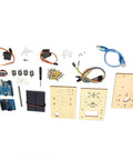 Solar Powered STEM Learning Kit For Kids DIY Wooden Smart Tracker Project For Hands On Programming IDE Compatible Classroom And Home Learning Beginner Friendly parts laid out