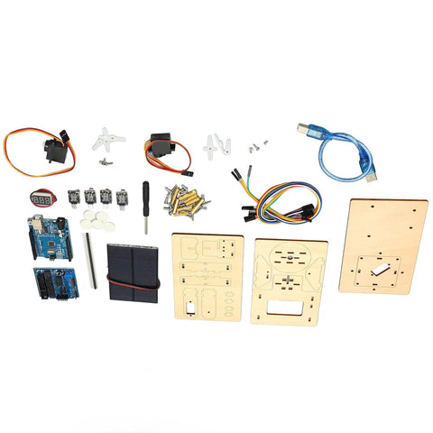 Solar Powered STEM Learning Kit For Kids DIY Wooden Smart Tracker Project For Hands On Programming IDE Compatible Classroom And Home Learning Beginner Friendly parts laid out