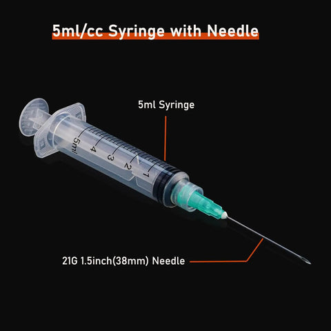Bulk 50 Pack 5ml Disposable Luer Lock Syringes With 21G 1.5 Inch Needles, sterile wrapped 5ml syringe and needle