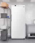 Heavy Duty Commercial Kitchen Workhorse Upright Freezer With Auto Defrost System For Twenty One Cubic Feet Storage in a busy kitchen.