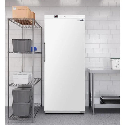 Heavy Duty Commercial Kitchen Workhorse Upright Freezer With Auto Defrost System For Twenty One Cubic Feet Storage in a busy kitchen.
