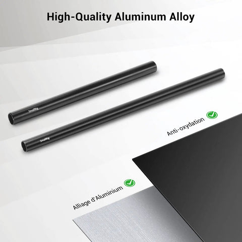 Kickass Aluminum 15mm Camera Rod Kit With Tight Fitting M12 Thread Connectors Built Badass For DSLR Video Rigs showing two high-quality aluminum rods.